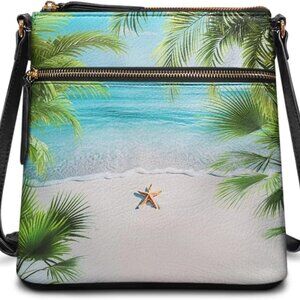 Starfish Palm Tree Beach Leather Large Women Crossbody Bag with Zipper